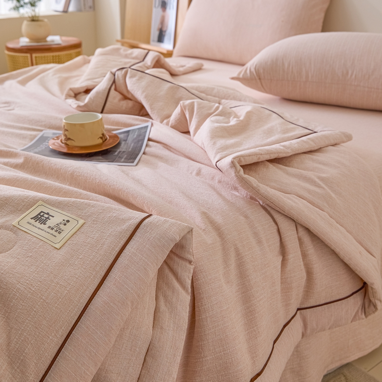 91家纺网 家纺一手货源 找家纺 顺兴家居 2026新款提花色织水洗麻夏被夏凉被空调被四件套 色织-晨曦黄