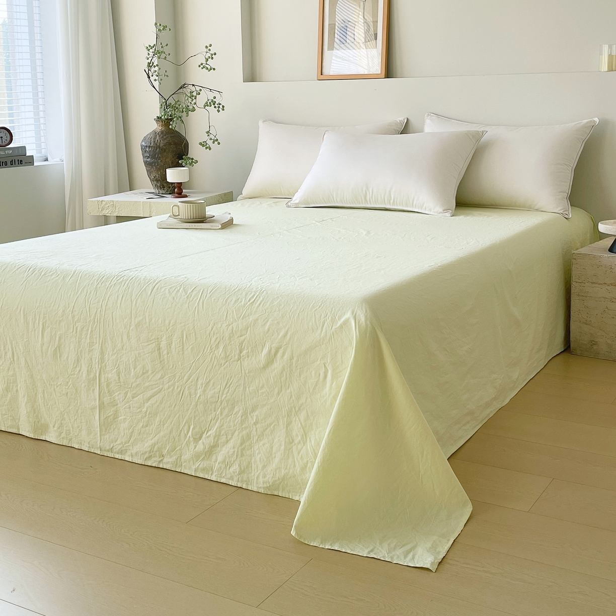 91家纺网 家纺一手货源 找家纺 春皖家纺 2026春夏新款双拼全棉水洗棉单床单床单单件单品床单 素雅淡黄