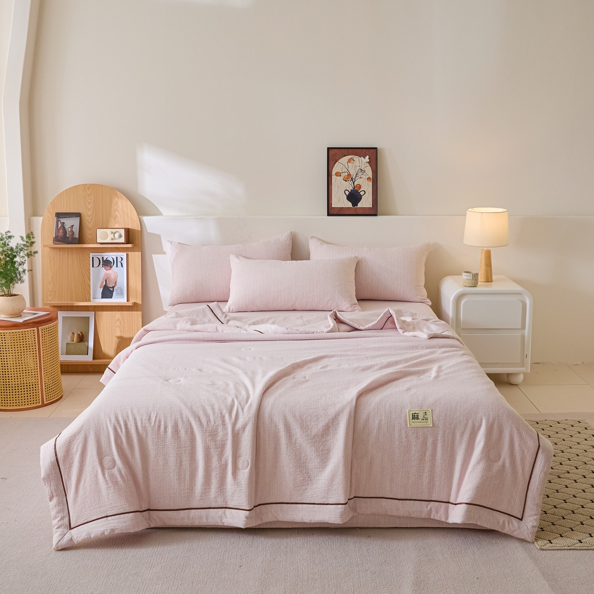 91家纺网 家纺一手货源 找家纺 顺兴家居 2026新款提花色织水洗麻夏被夏凉被空调被四件套 色织-玫瑰粉