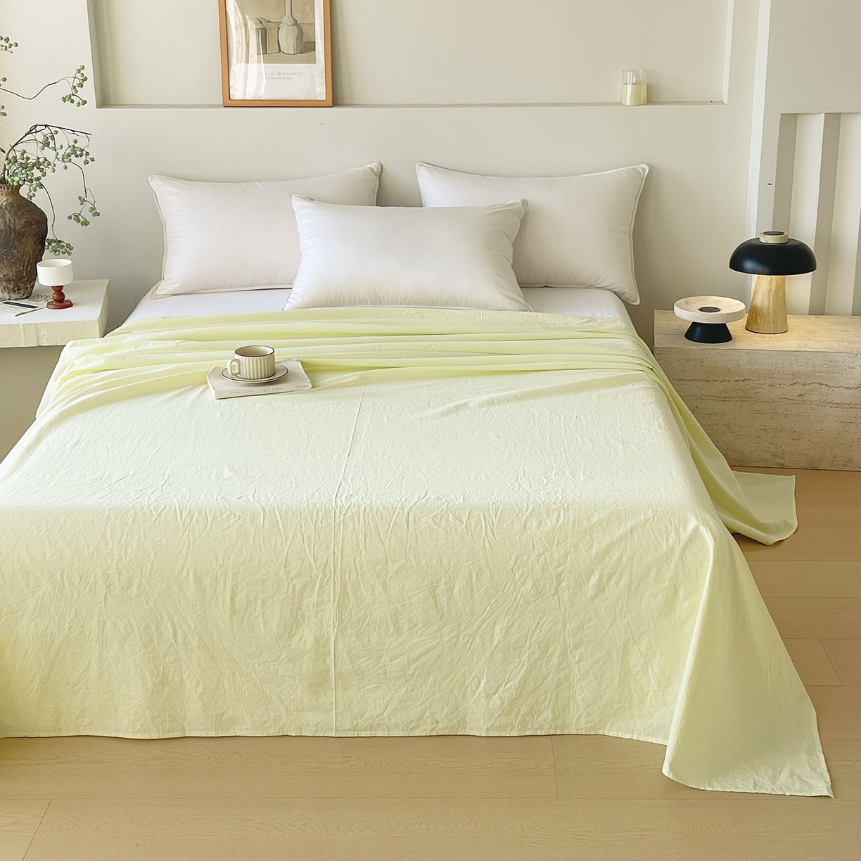 91家纺网 家纺一手货源 找家纺 春皖家纺 2026春夏新款双拼全棉水洗棉单床单床单单件单品床单 素雅淡黄