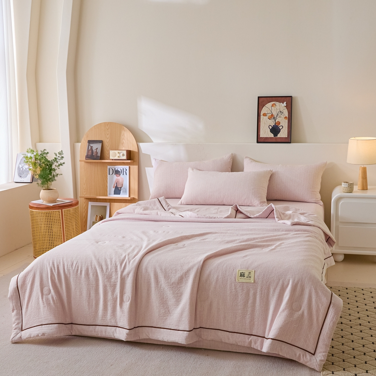 91家纺网 家纺一手货源 找家纺 顺兴家居 2026新款提花色织水洗麻夏被夏凉被空调被四件套 色织-玫瑰粉