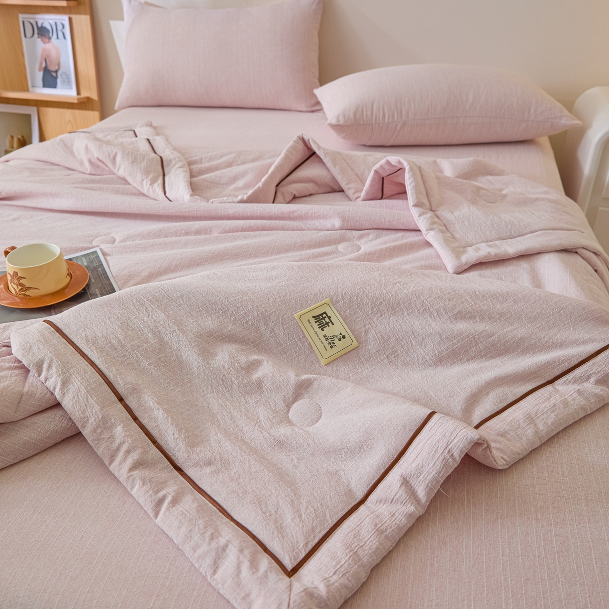 91家纺网 家纺一手货源 找家纺 顺兴家居 2026新款提花色织水洗麻夏被夏凉被空调被四件套 色织-玫瑰粉