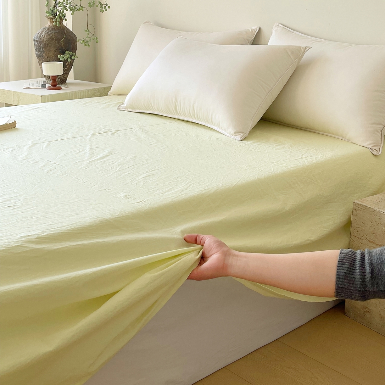 91家纺网 家纺一手货源 找家纺 春皖家纺 2026春夏新款双拼全棉水洗棉单床单床单单件单品床单 素雅淡黄