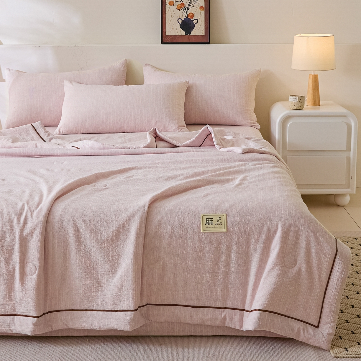 91家纺网 家纺一手货源 找家纺 顺兴家居 2026新款提花色织水洗麻夏被夏凉被空调被四件套 色织-玫瑰粉