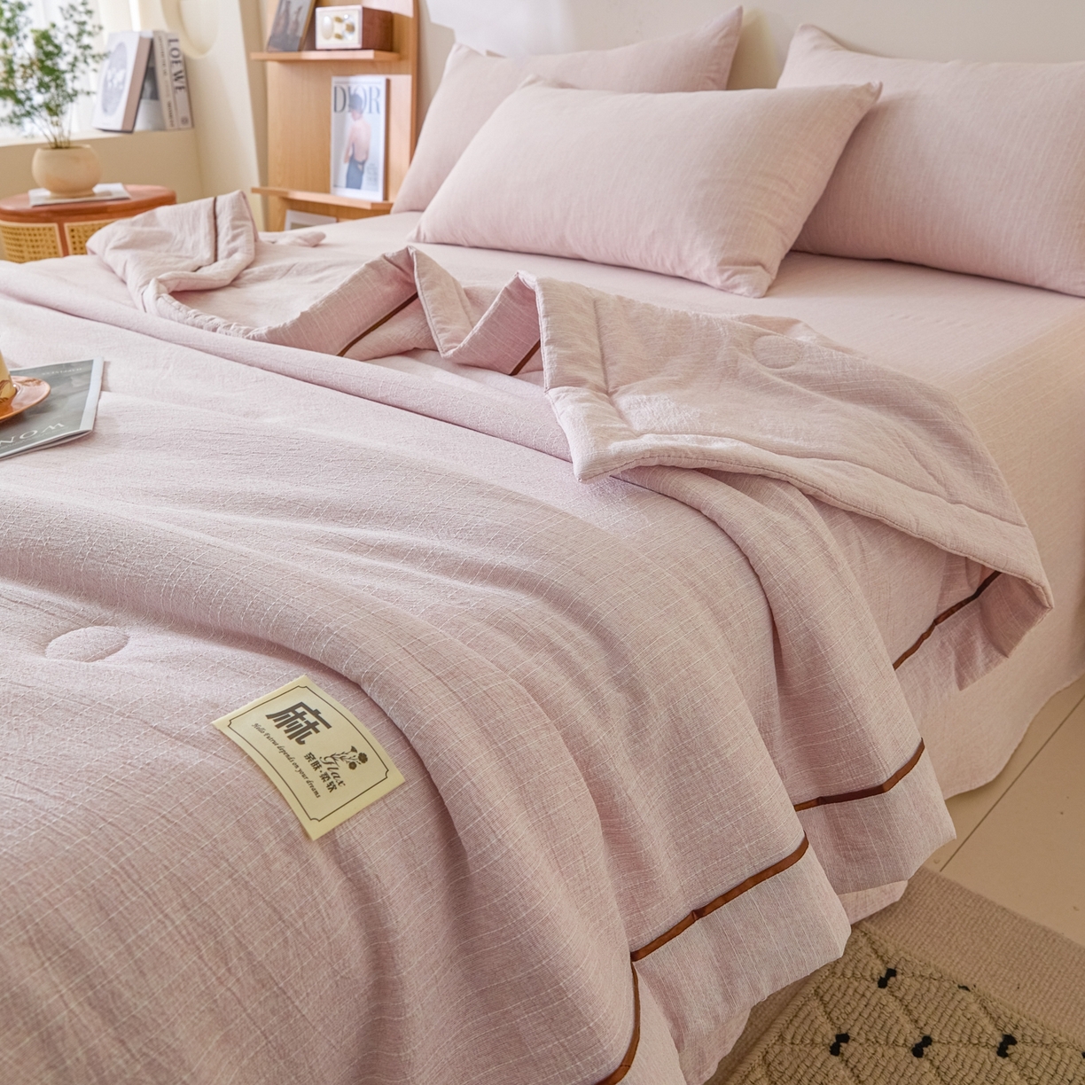 91家纺网 家纺一手货源 找家纺 顺兴家居 2026新款提花色织水洗麻夏被夏凉被空调被四件套 色织-玫瑰粉