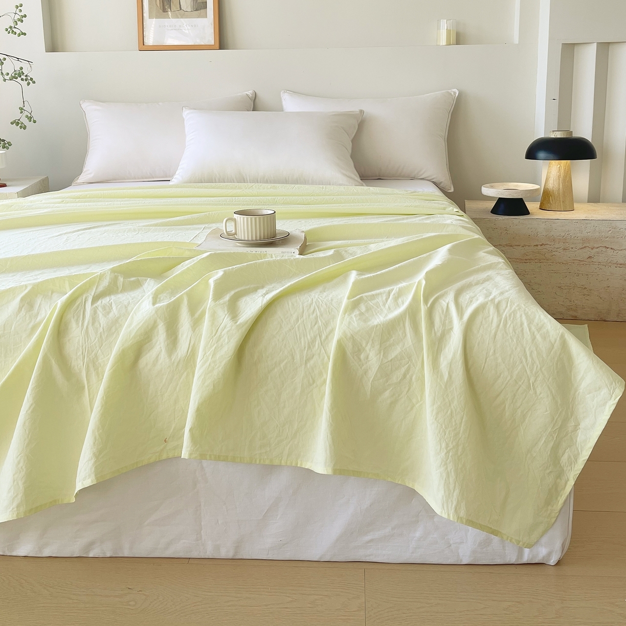 91家纺网 家纺一手货源 找家纺 春皖家纺 2026春夏新款双拼全棉水洗棉单床单床单单件单品床单 素雅淡黄