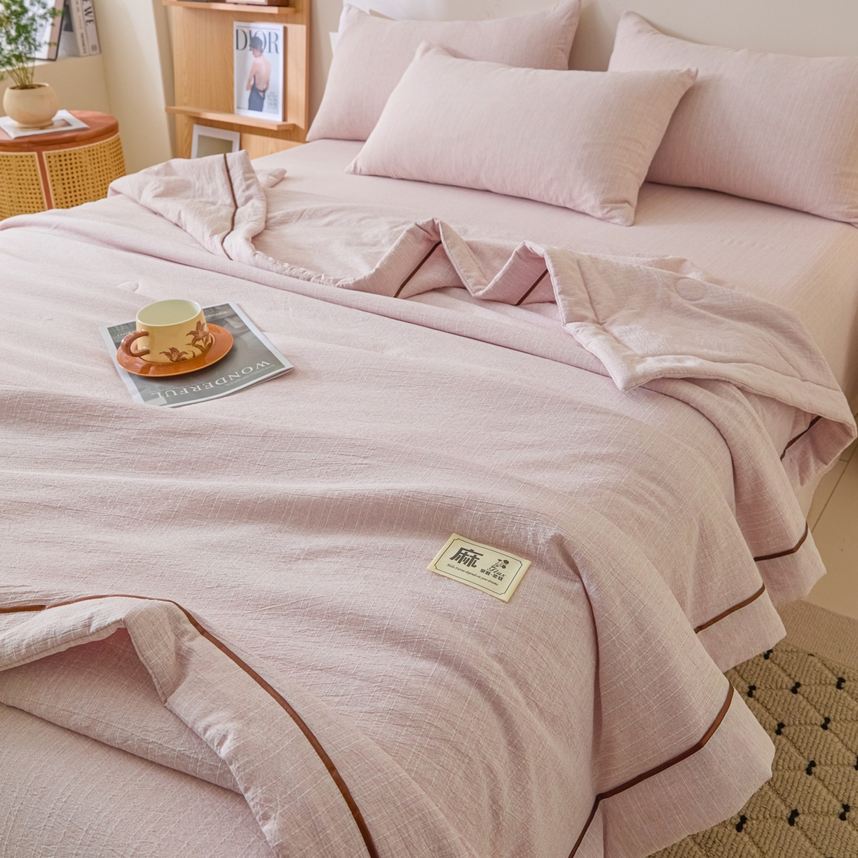 91家纺网 家纺一手货源 找家纺 顺兴家居 2026新款提花色织水洗麻夏被夏凉被空调被四件套 色织-玫瑰粉