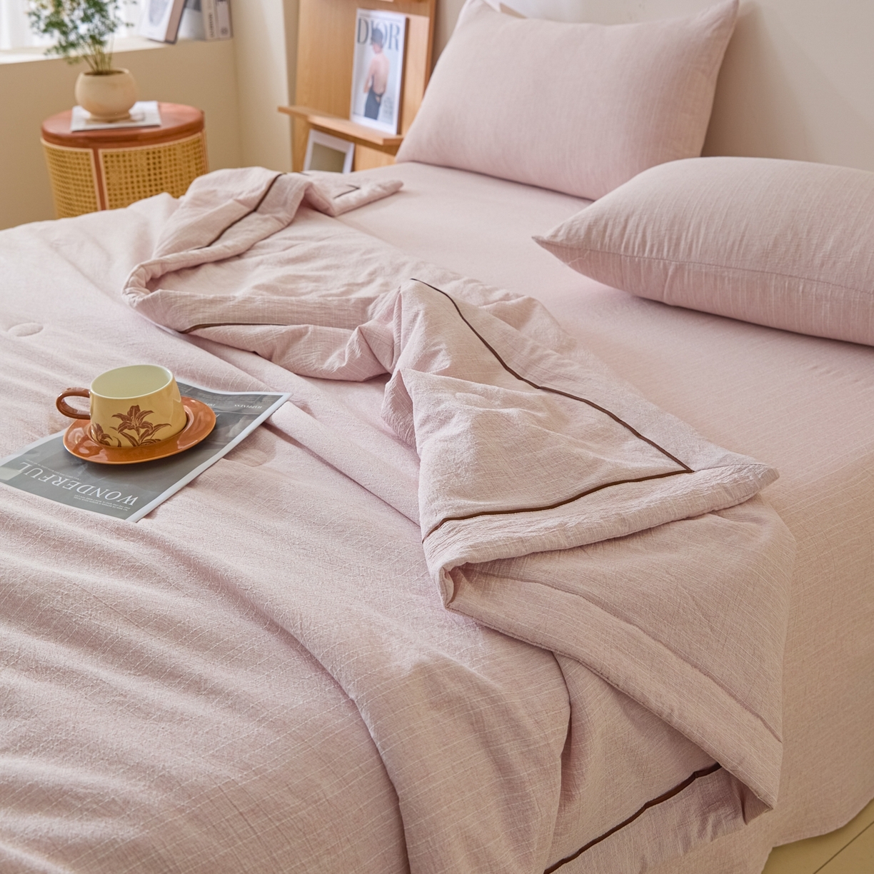 91家纺网 家纺一手货源 找家纺 顺兴家居 2026新款提花色织水洗麻夏被夏凉被空调被四件套 色织-玫瑰粉