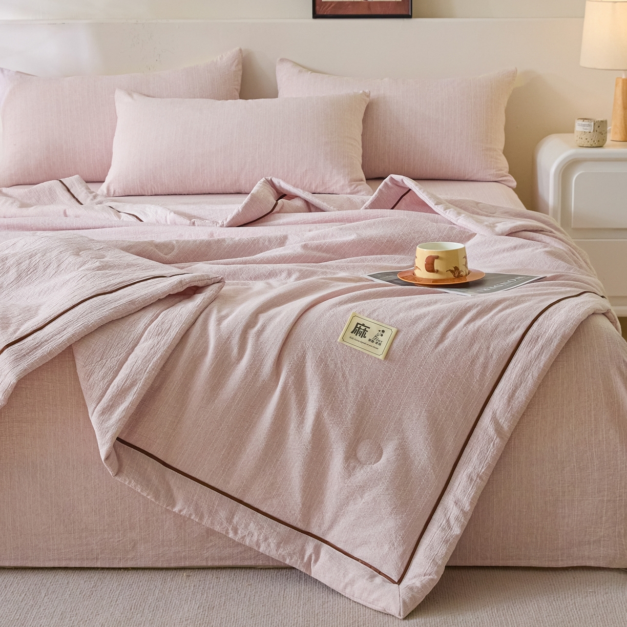 91家纺网 家纺一手货源 找家纺 顺兴家居 2026新款提花色织水洗麻夏被夏凉被空调被四件套 色织-玫瑰粉