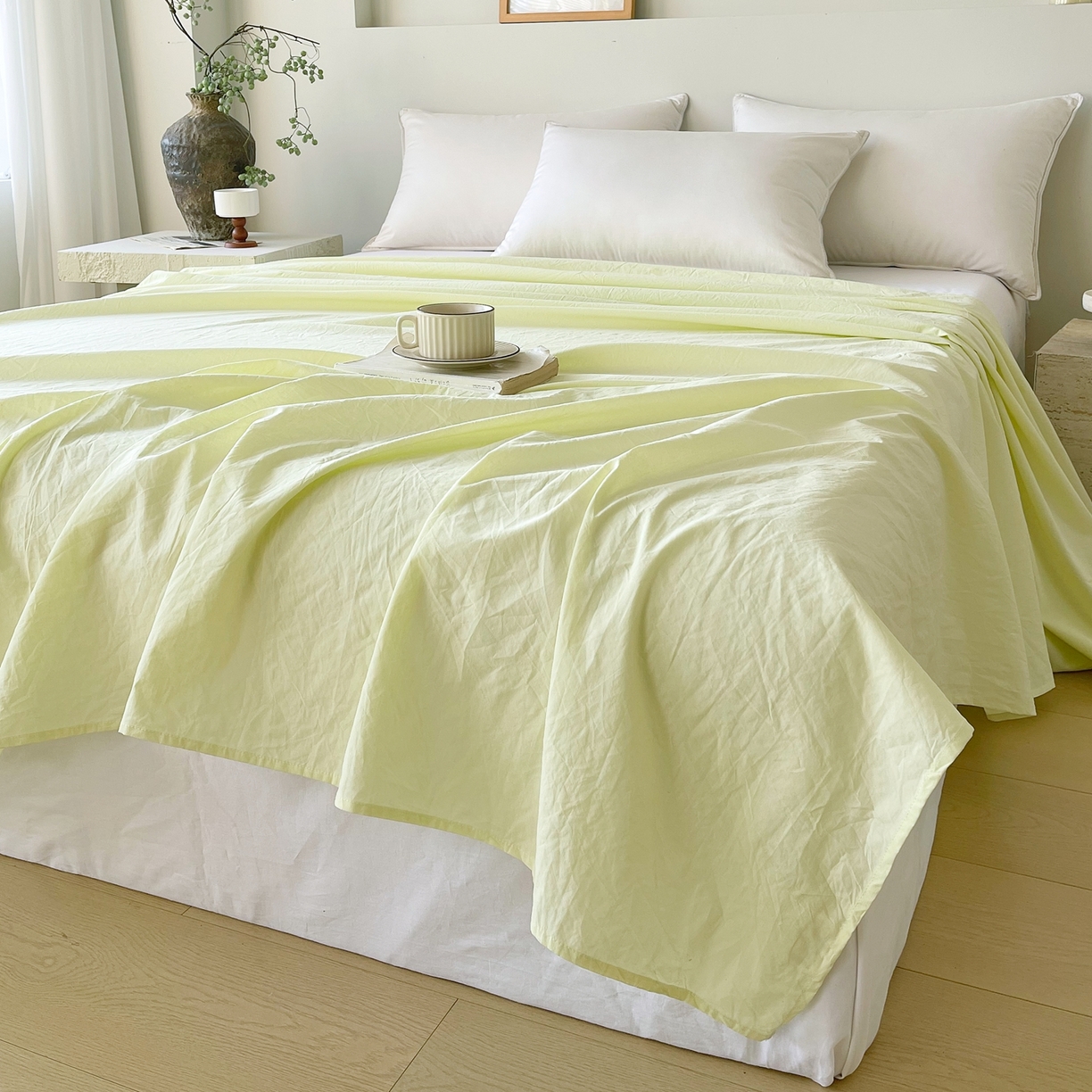 91家纺网 家纺一手货源 找家纺 春皖家纺 2026春夏新款双拼全棉水洗棉单床单床单单件单品床单 素雅淡黄