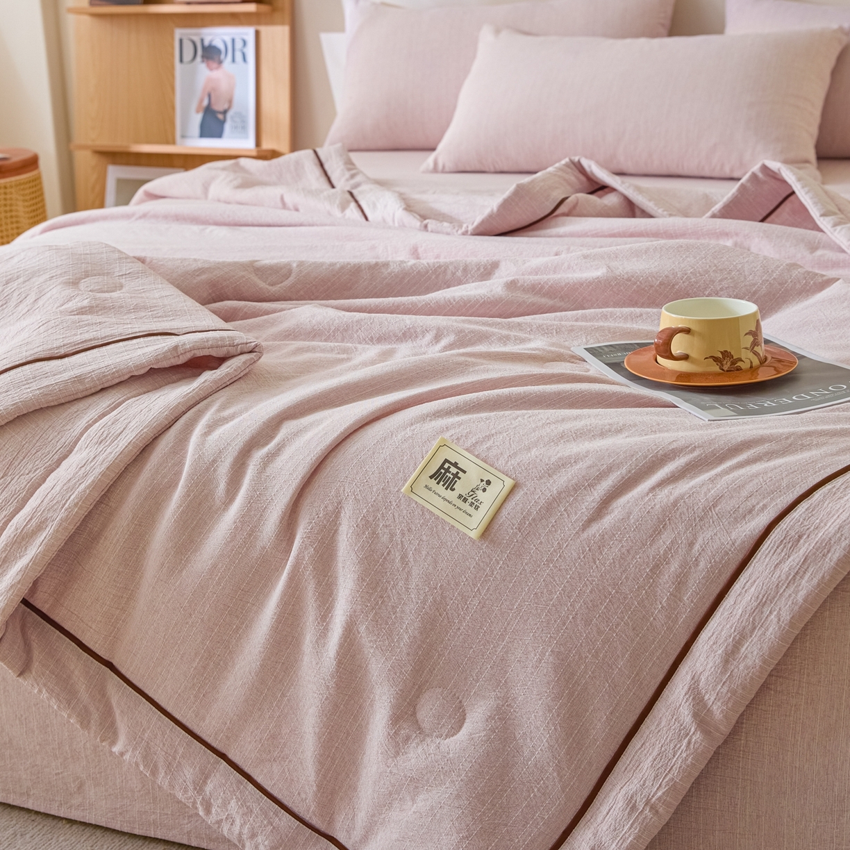 91家纺网 家纺一手货源 找家纺 顺兴家居 2026新款提花色织水洗麻夏被夏凉被空调被四件套 色织-玫瑰粉