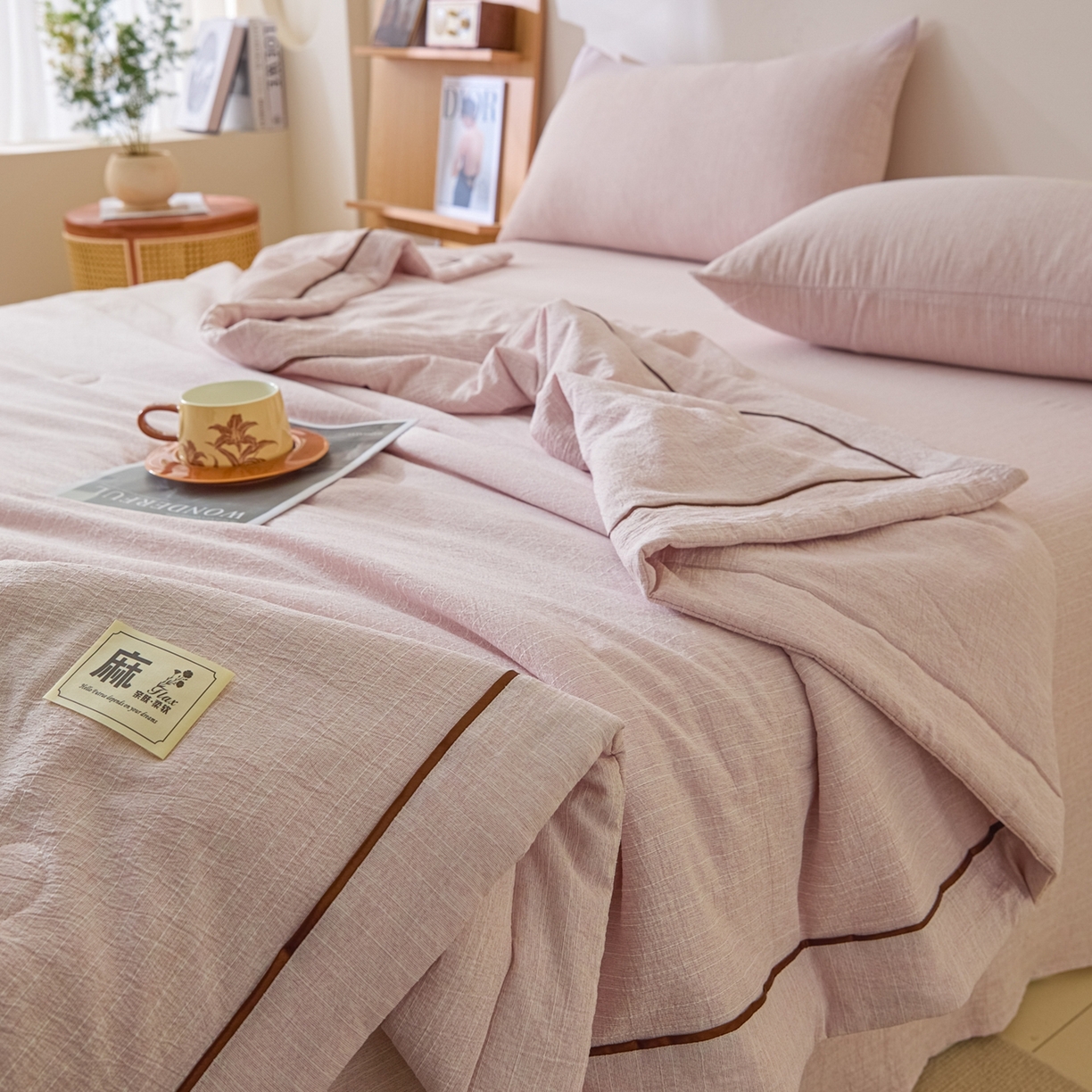 91家纺网 家纺一手货源 找家纺 顺兴家居 2026新款提花色织水洗麻夏被夏凉被空调被四件套 色织-玫瑰粉