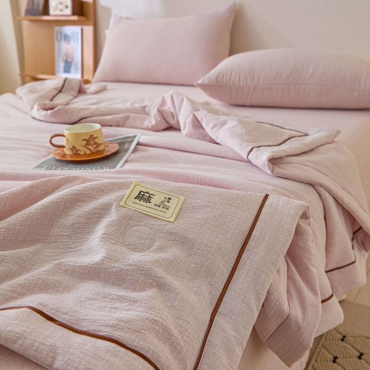 91家纺网 家纺一手货源 找家纺 顺兴家居 2026新款提花色织水洗麻夏被夏凉被空调被四件套 色织-玫瑰粉