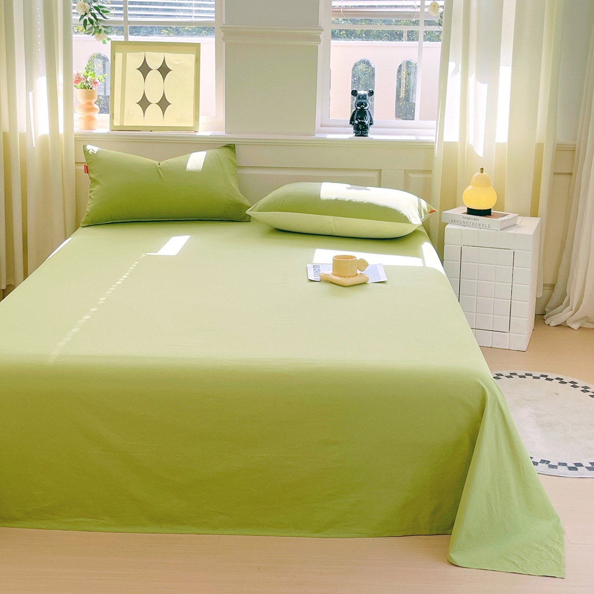 91家纺网 家纺一手货源 找家纺 春皖家纺 2026春夏新款双拼全棉水洗棉单床单床单单件单品床单 素雅果绿