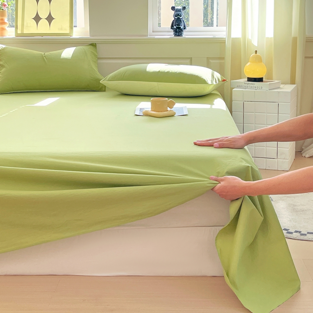 91家纺网 家纺一手货源 找家纺 春皖家纺 2026春夏新款双拼全棉水洗棉单床单床单单件单品床单 素雅果绿