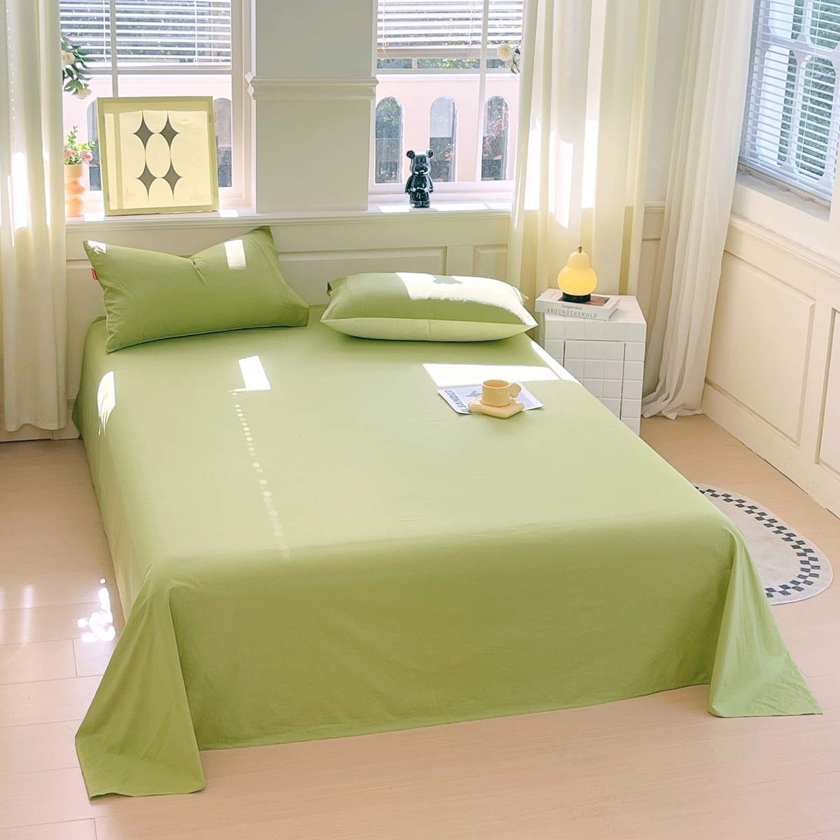 91家纺网 家纺一手货源 找家纺 春皖家纺 2026春夏新款双拼全棉水洗棉单床单床单单件单品床单 素雅果绿