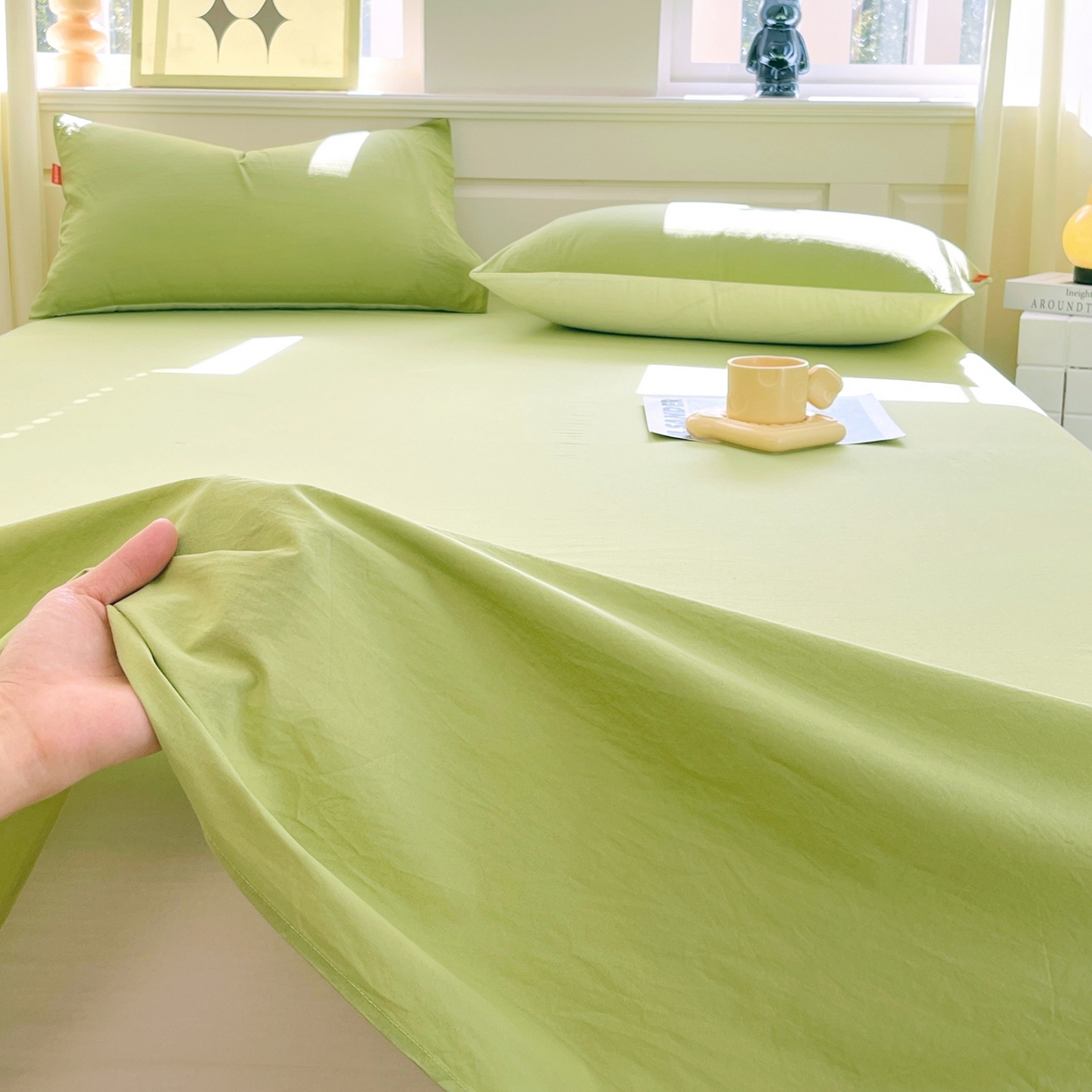 91家纺网 家纺一手货源 找家纺 春皖家纺 2026春夏新款双拼全棉水洗棉单床单床单单件单品床单 素雅果绿