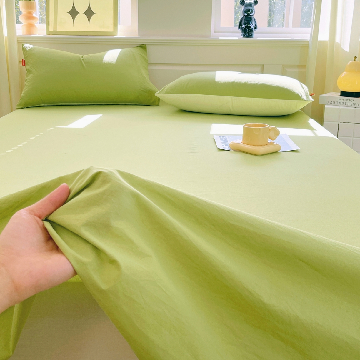 91家纺网 家纺一手货源 找家纺 春皖家纺 2026春夏新款双拼全棉水洗棉单床单床单单件单品床单 素雅果绿