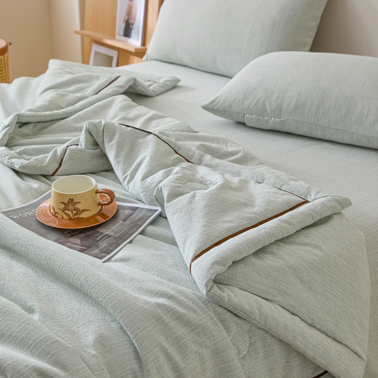 91家纺网 家纺一手货源 找家纺 顺兴家居 2026新款提花色织水洗麻夏被夏凉被空调被四件套 色织-抹茶