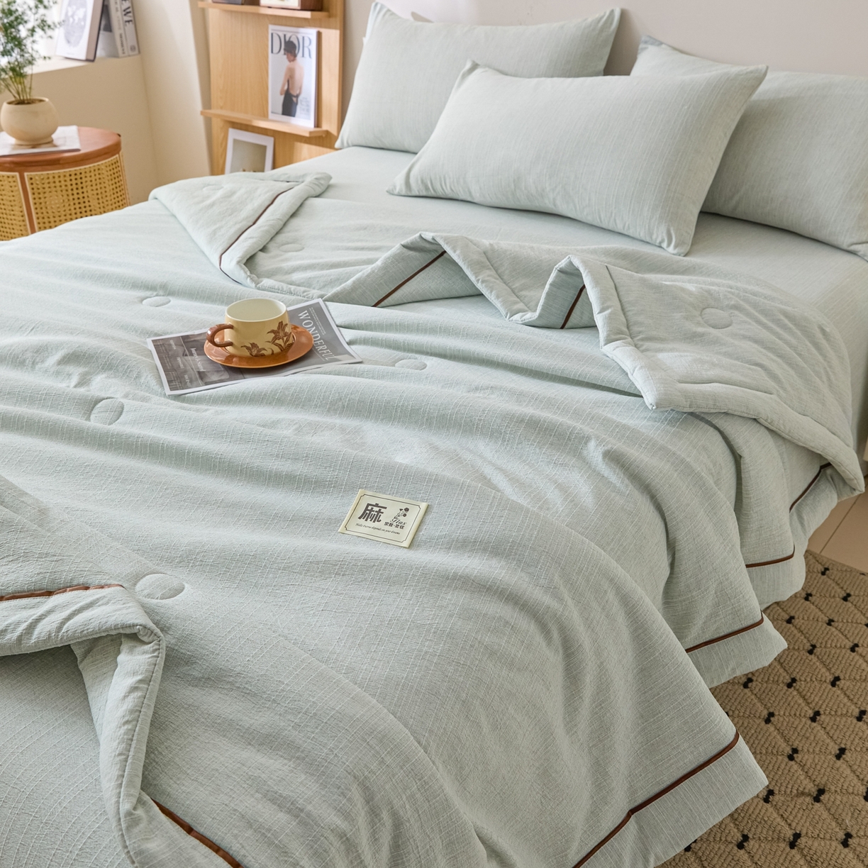 91家纺网 家纺一手货源 找家纺 顺兴家居 2026新款提花色织水洗麻夏被夏凉被空调被四件套 色织-抹茶
