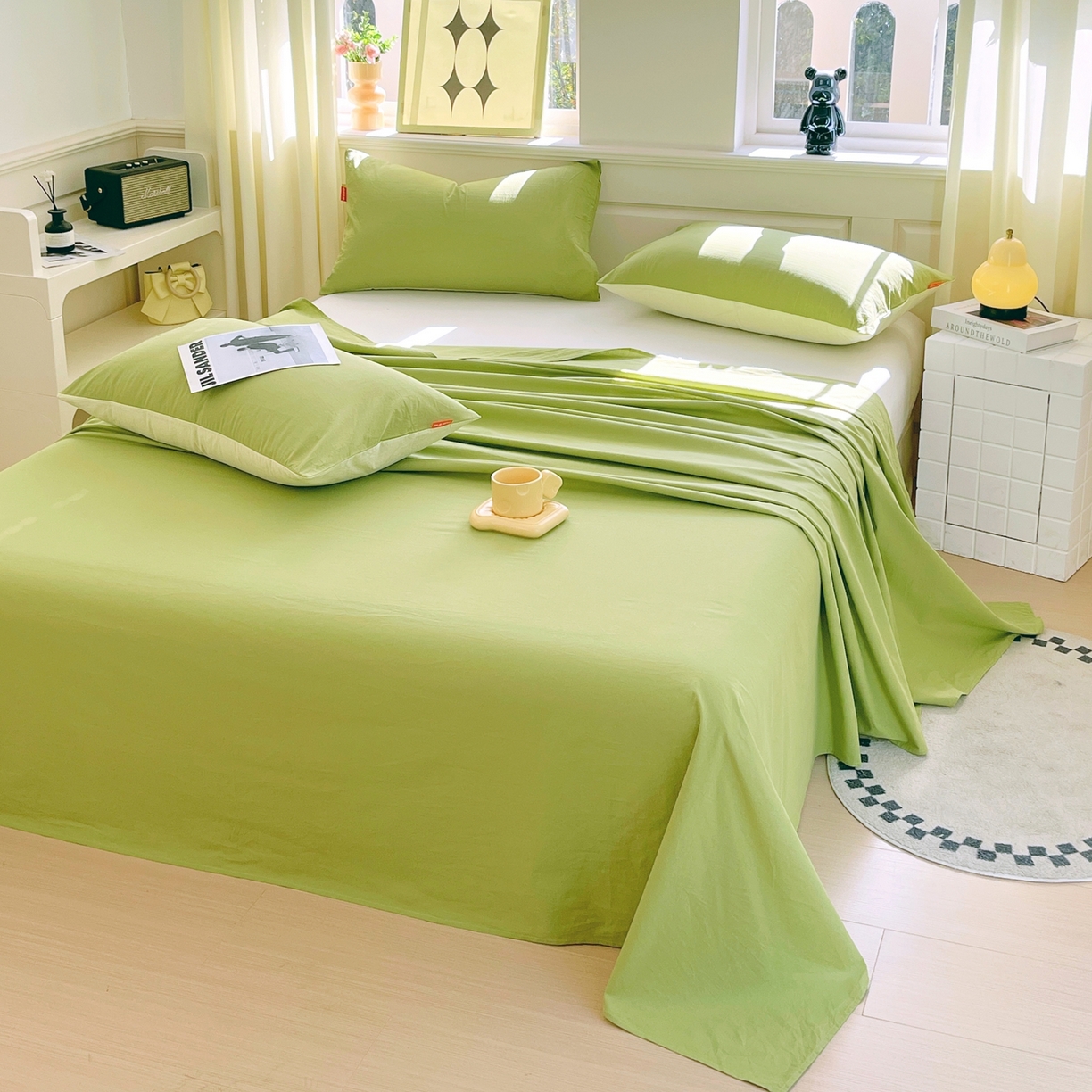 91家纺网 家纺一手货源 找家纺 春皖家纺 2026春夏新款双拼全棉水洗棉单床单床单单件单品床单 素雅果绿