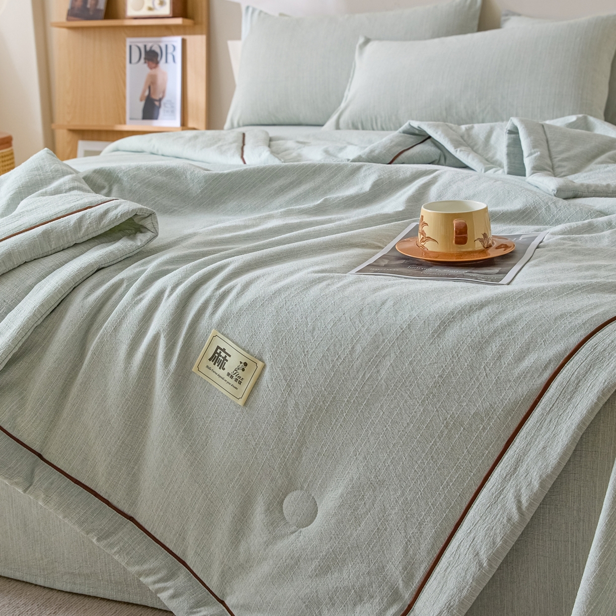 91家纺网 家纺一手货源 找家纺 顺兴家居 2026新款提花色织水洗麻夏被夏凉被空调被四件套 色织-抹茶