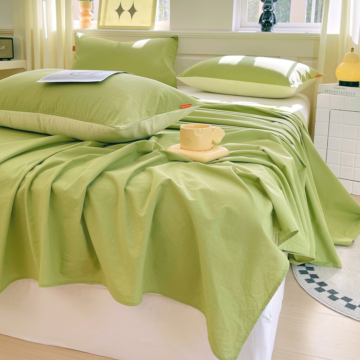 91家纺网 家纺一手货源 找家纺 春皖家纺 2026春夏新款双拼全棉水洗棉单床单床单单件单品床单 素雅果绿