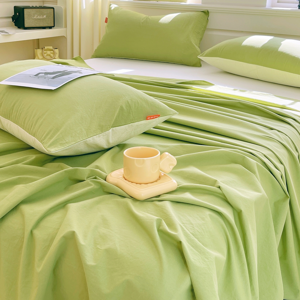 91家纺网 家纺一手货源 找家纺 春皖家纺 2026春夏新款双拼全棉水洗棉单床单床单单件单品床单 素雅果绿