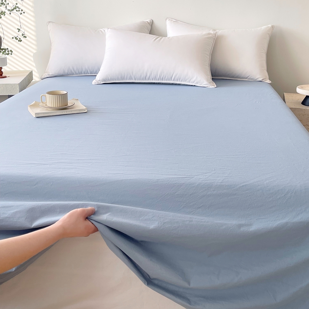 91家纺网 家纺一手货源 找家纺 春皖家纺 2026春夏新款双拼全棉水洗棉单床单床单单件单品床单 素雅幻蓝