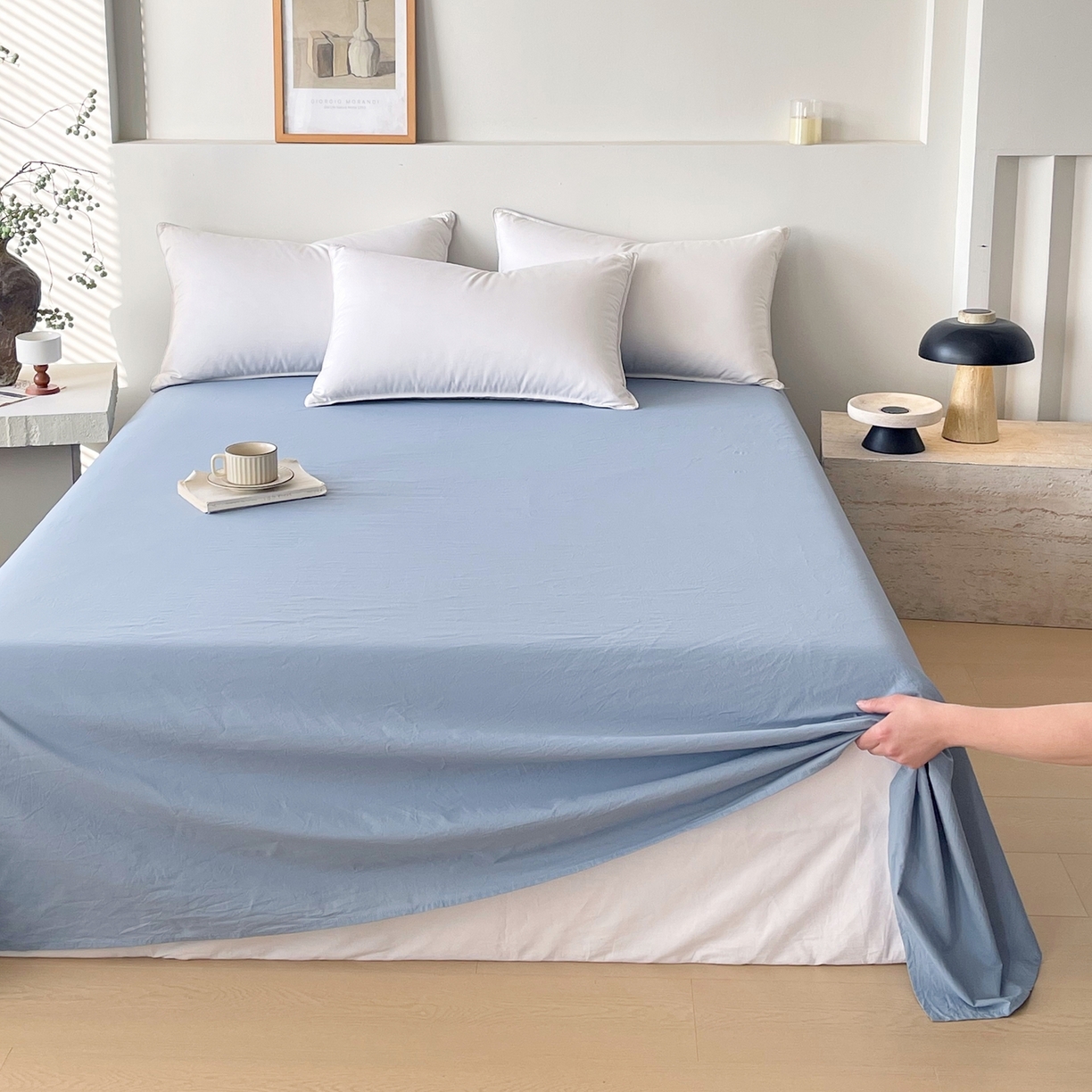 91家纺网 家纺一手货源 找家纺 春皖家纺 2026春夏新款双拼全棉水洗棉单床单床单单件单品床单 素雅幻蓝