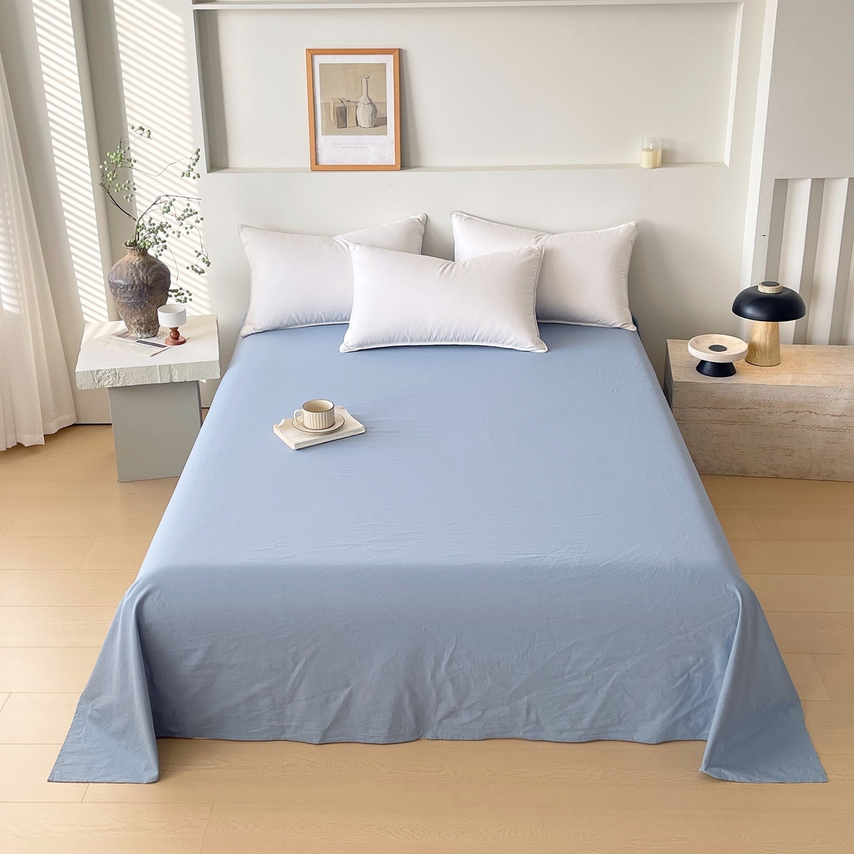 91家纺网 家纺一手货源 找家纺 春皖家纺 2026春夏新款双拼全棉水洗棉单床单床单单件单品床单 素雅幻蓝