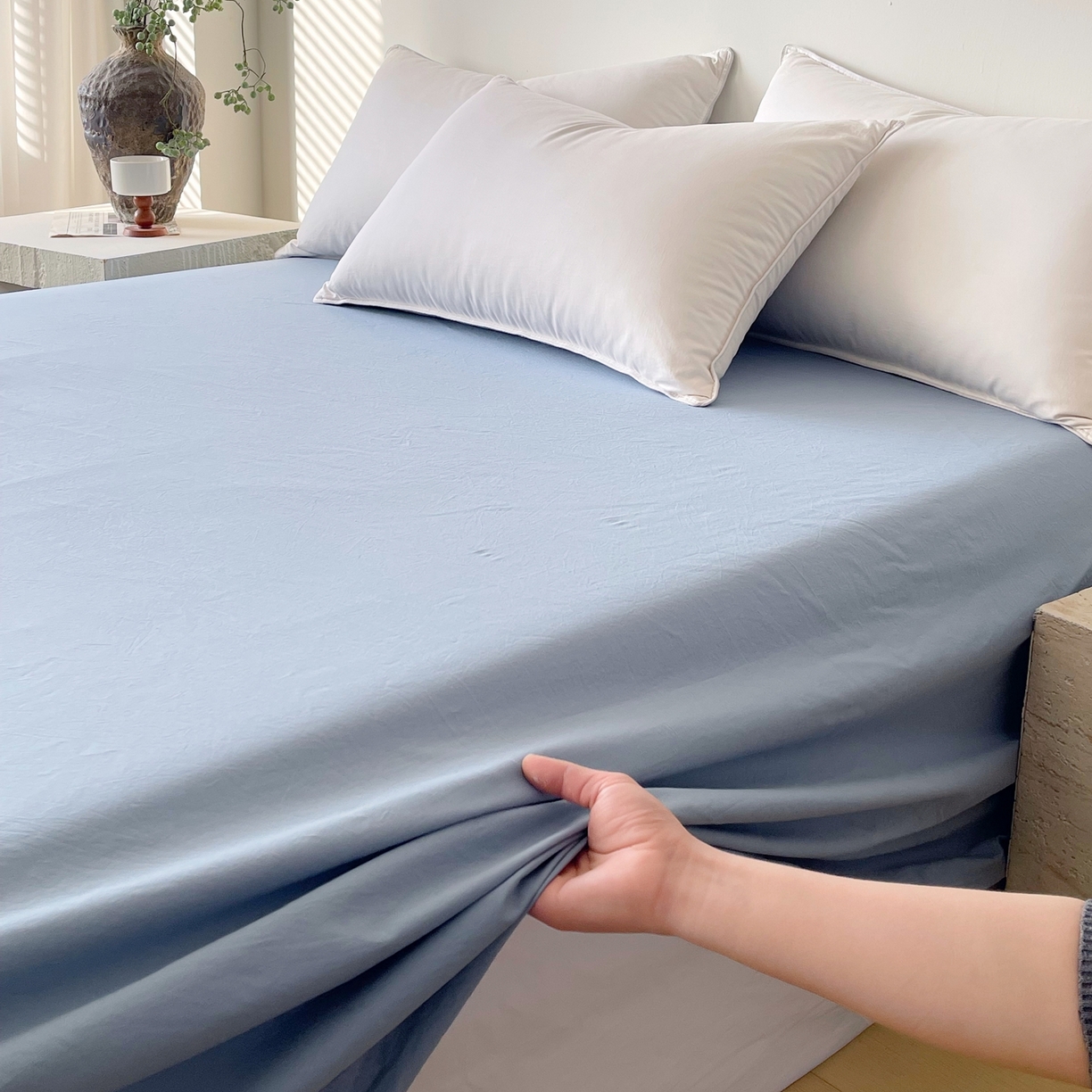 91家纺网 家纺一手货源 找家纺 春皖家纺 2026春夏新款双拼全棉水洗棉单床单床单单件单品床单 素雅幻蓝