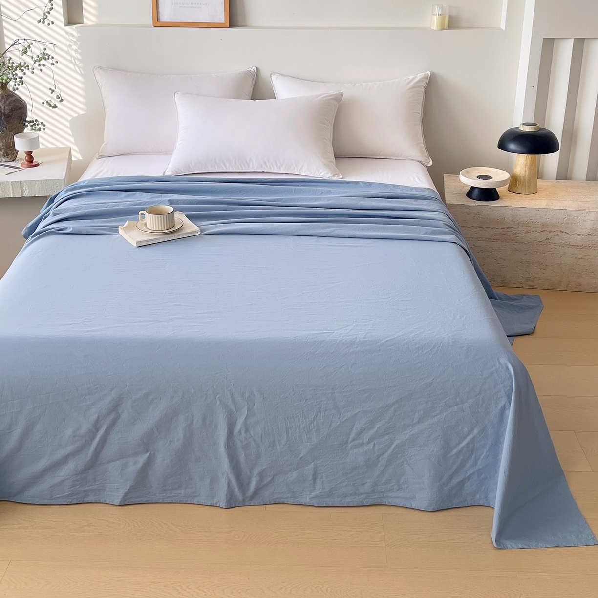 91家纺网 家纺一手货源 找家纺 春皖家纺 2026春夏新款双拼全棉水洗棉单床单床单单件单品床单 素雅幻蓝