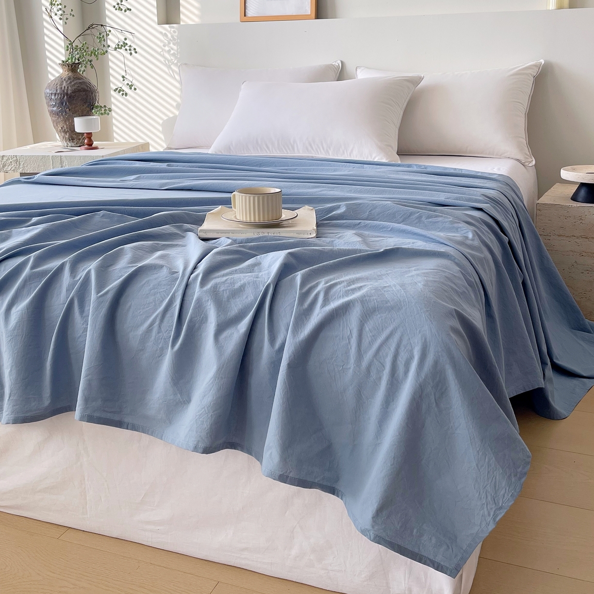 91家纺网 家纺一手货源 找家纺 春皖家纺 2026春夏新款双拼全棉水洗棉单床单床单单件单品床单 素雅幻蓝