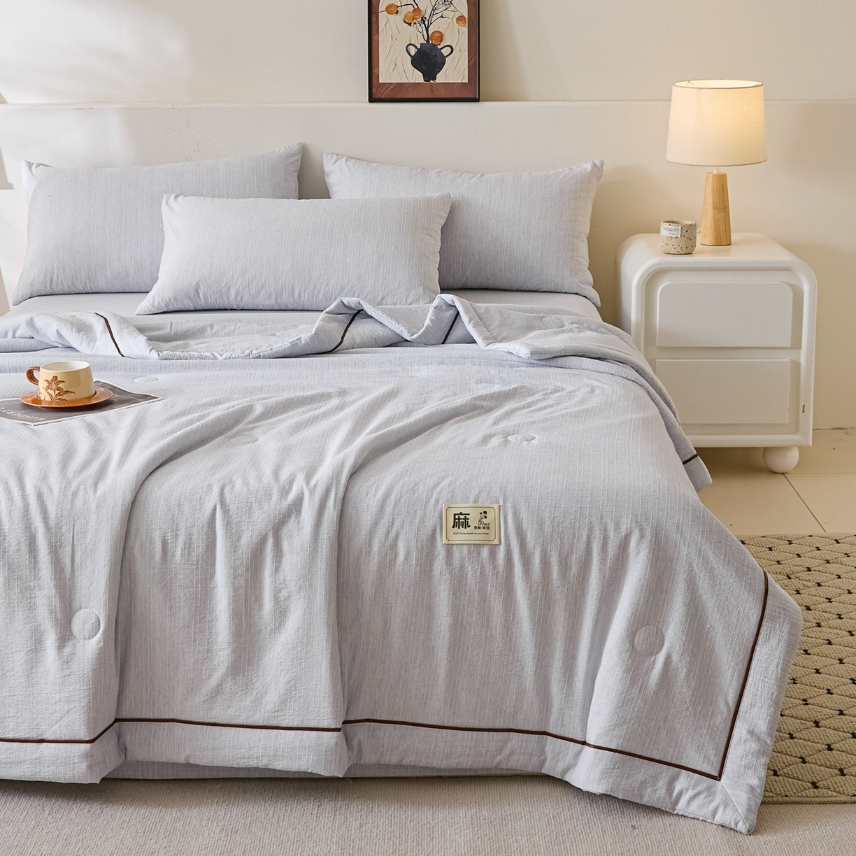 91家纺网 家纺一手货源 找家纺 顺兴家居 2026新款提花色织水洗麻夏被夏凉被空调被四件套 色织-牛仔蓝