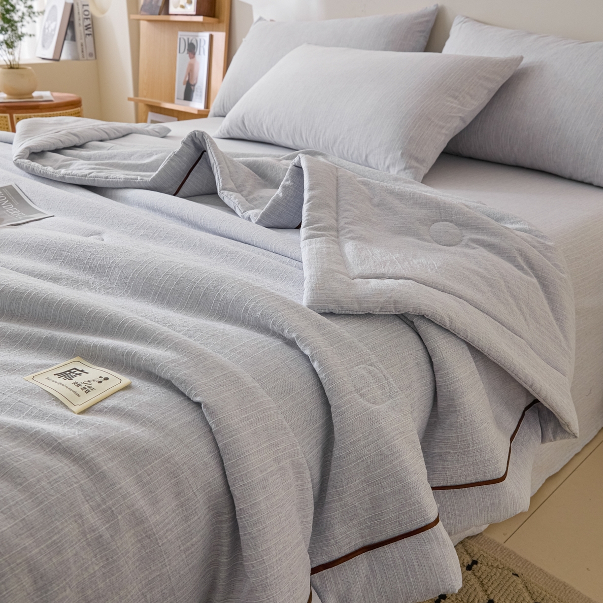 91家纺网 家纺一手货源 找家纺 顺兴家居 2026新款提花色织水洗麻夏被夏凉被空调被四件套 色织-牛仔蓝