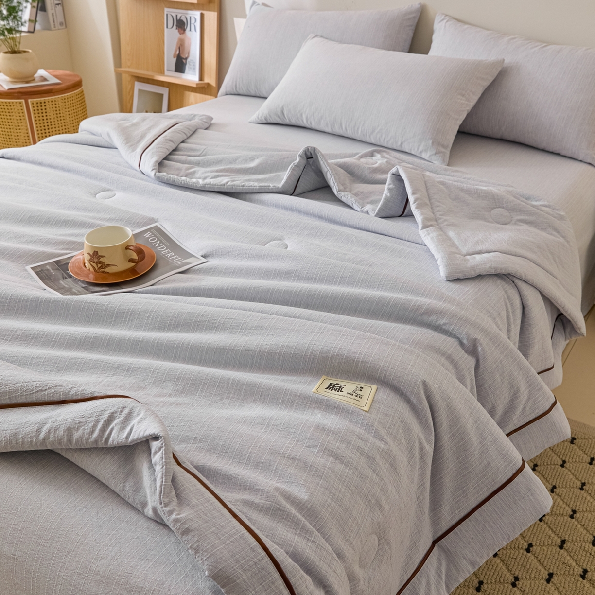 91家纺网 家纺一手货源 找家纺 顺兴家居 2026新款提花色织水洗麻夏被夏凉被空调被四件套 色织-牛仔蓝