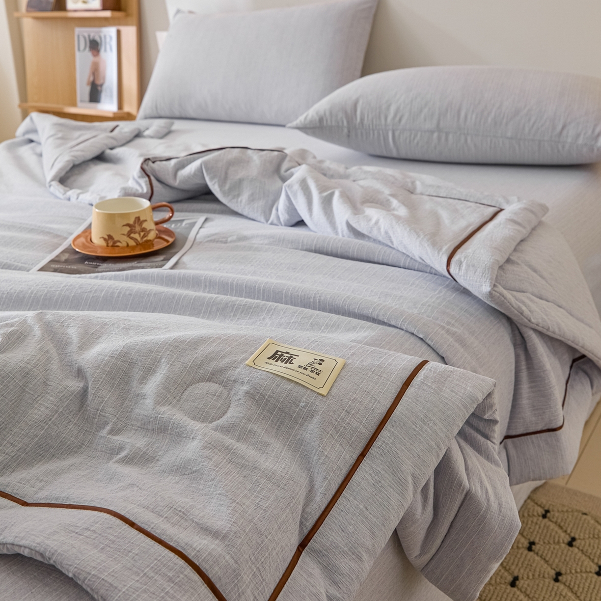 91家纺网 家纺一手货源 找家纺 顺兴家居 2026新款提花色织水洗麻夏被夏凉被空调被四件套 色织-牛仔蓝