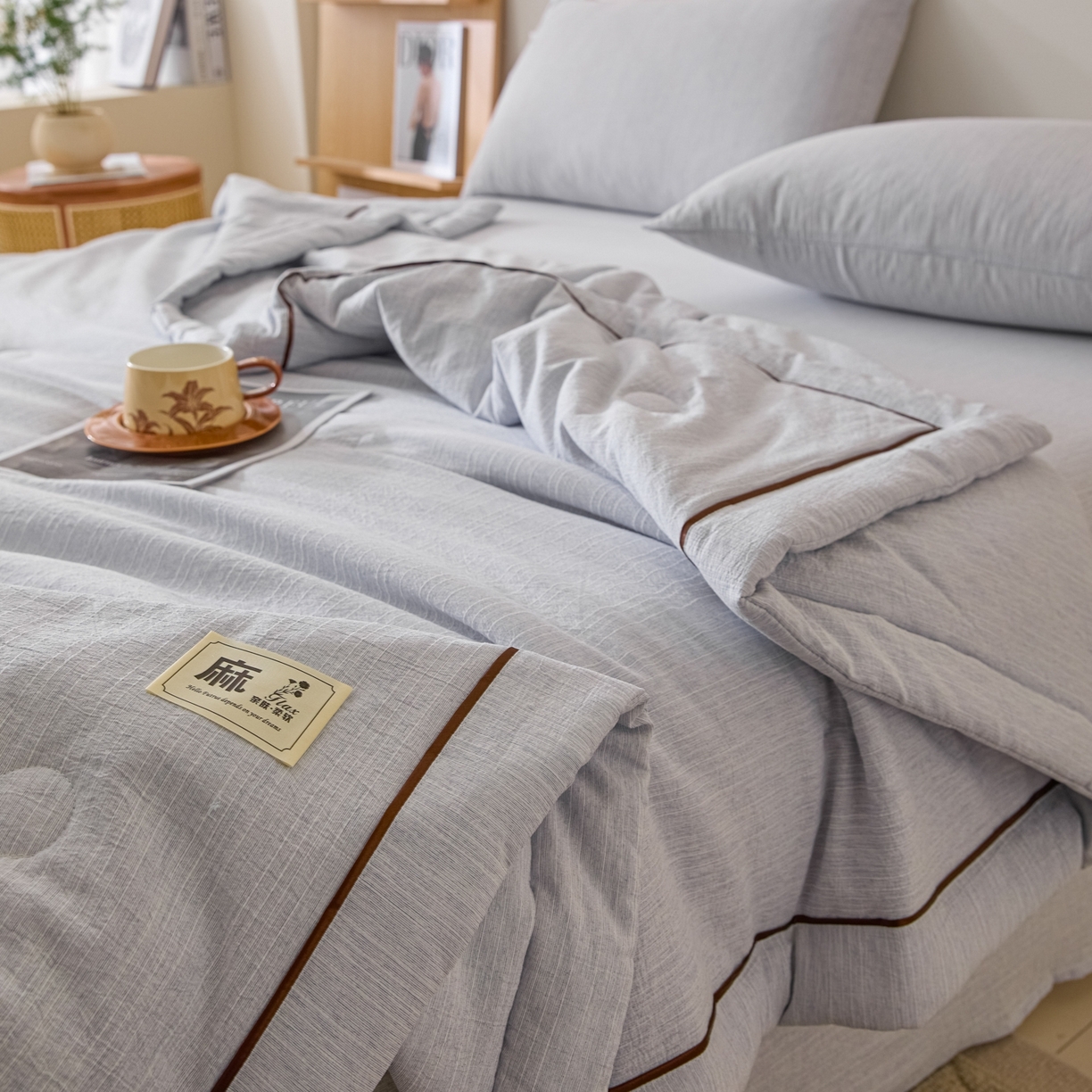 91家纺网 家纺一手货源 找家纺 顺兴家居 2026新款提花色织水洗麻夏被夏凉被空调被四件套 色织-牛仔蓝