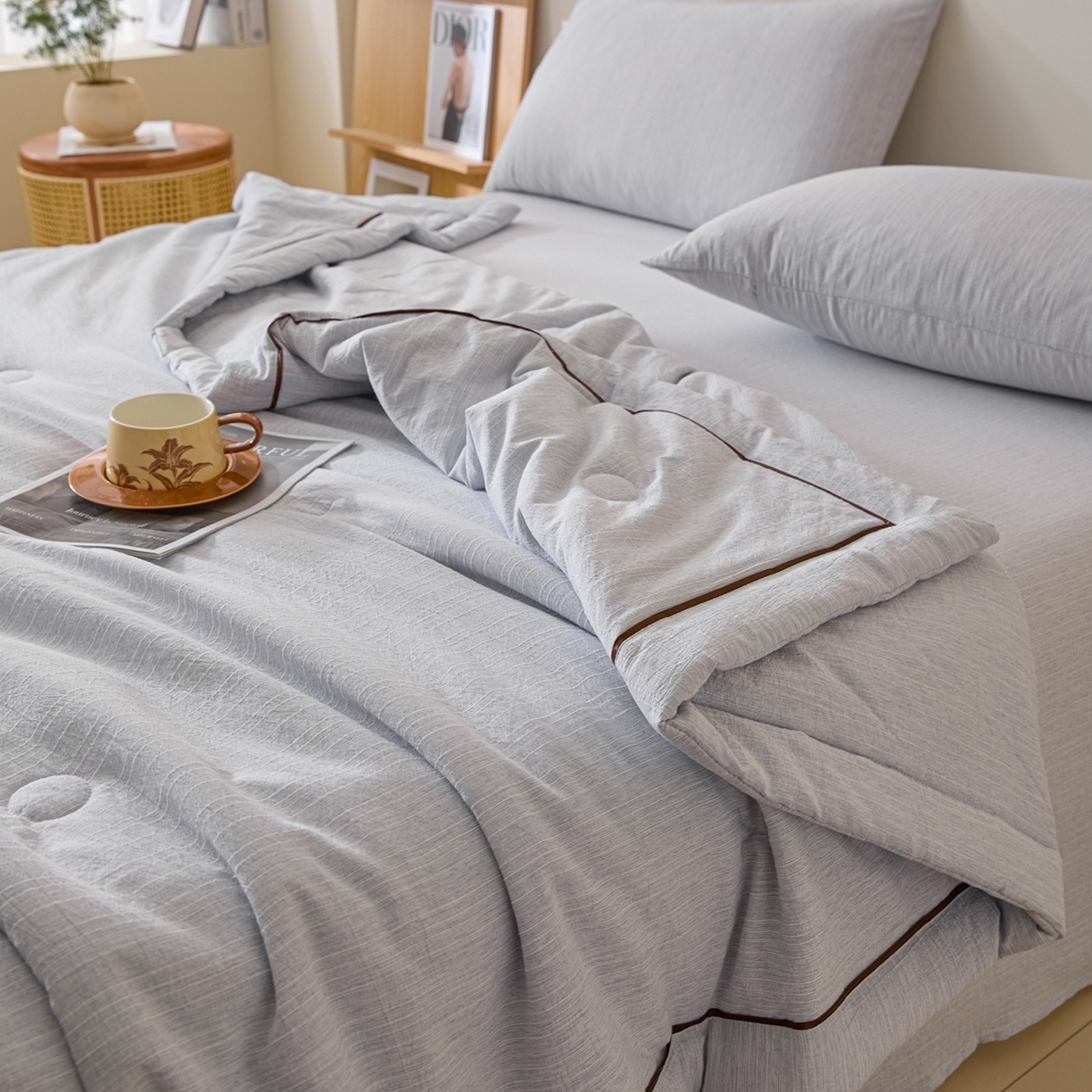 91家纺网 家纺一手货源 找家纺 顺兴家居 2026新款提花色织水洗麻夏被夏凉被空调被四件套 色织-牛仔蓝