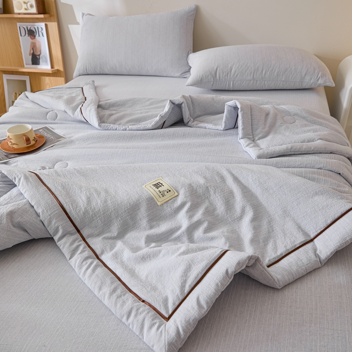 91家纺网 家纺一手货源 找家纺 顺兴家居 2026新款提花色织水洗麻夏被夏凉被空调被四件套 色织-牛仔蓝