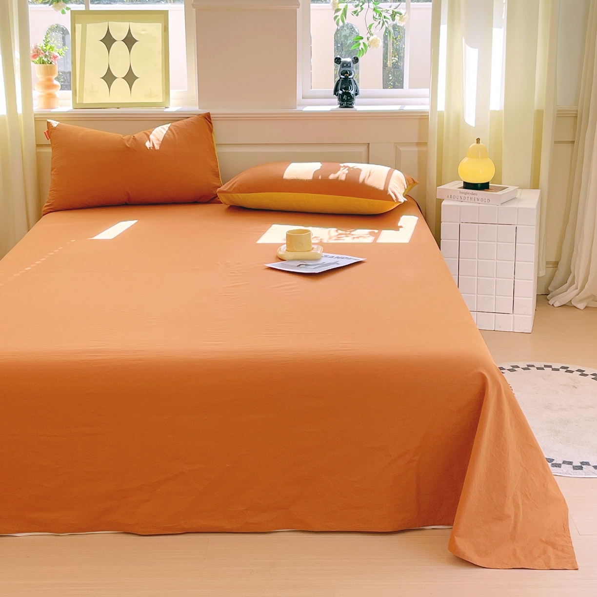 91家纺网 家纺一手货源 找家纺 春皖家纺 2026春夏新款双拼全棉水洗棉单床单床单单件单品床单 素雅焦糖