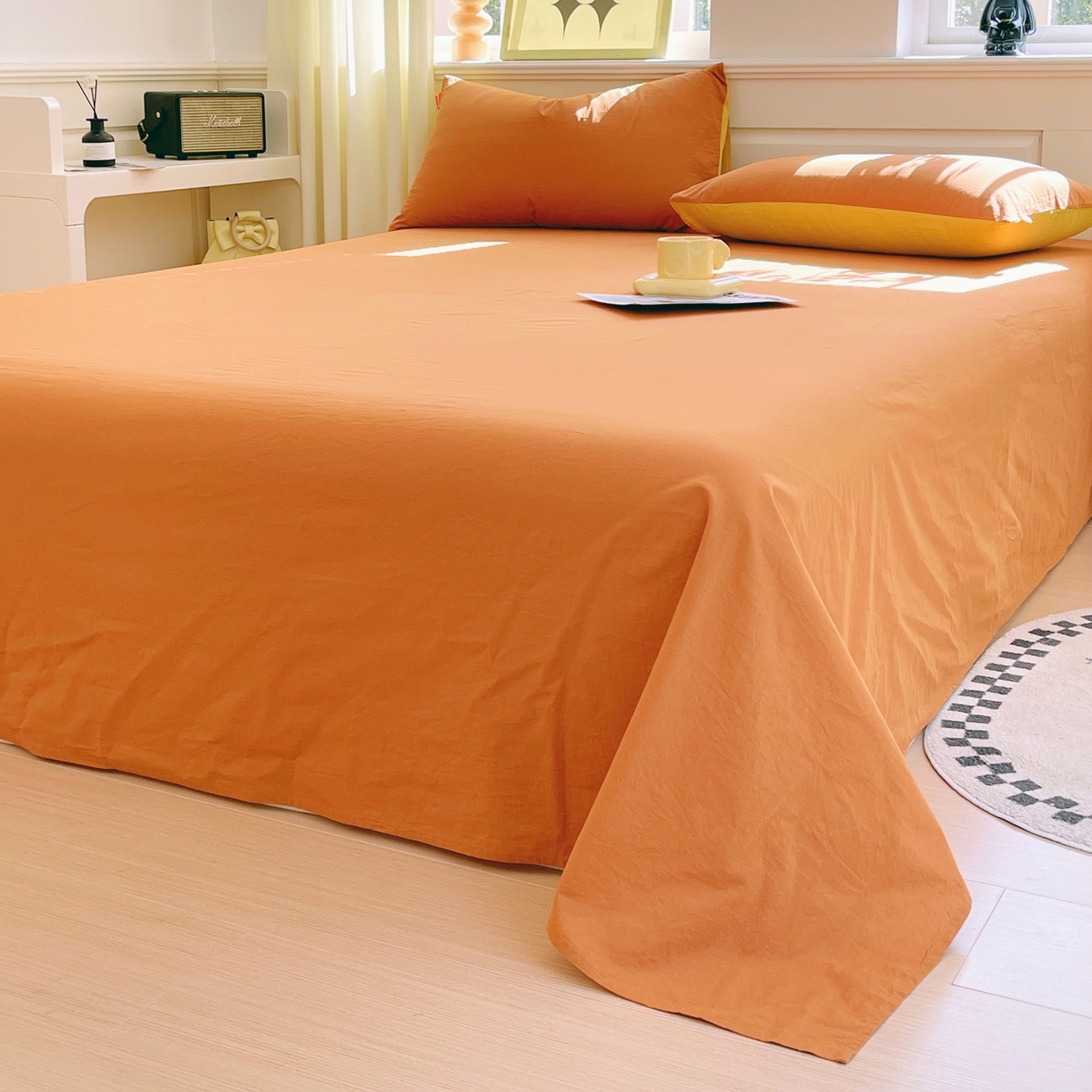 91家纺网 家纺一手货源 找家纺 春皖家纺 2026春夏新款双拼全棉水洗棉单床单床单单件单品床单 素雅焦糖