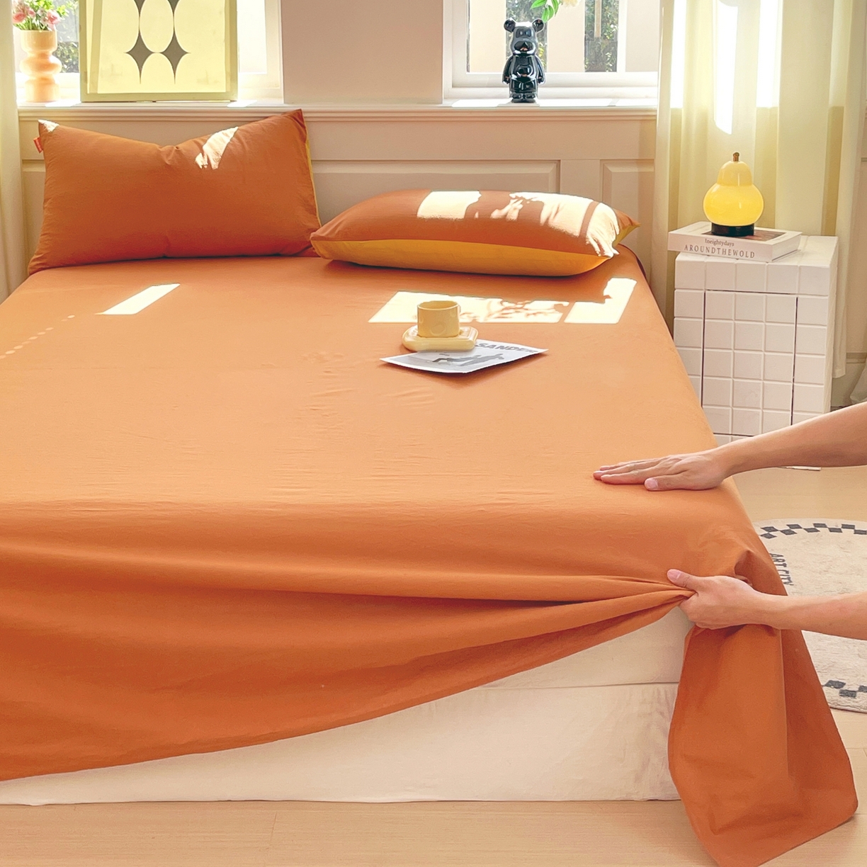 91家纺网 家纺一手货源 找家纺 春皖家纺 2026春夏新款双拼全棉水洗棉单床单床单单件单品床单 素雅焦糖