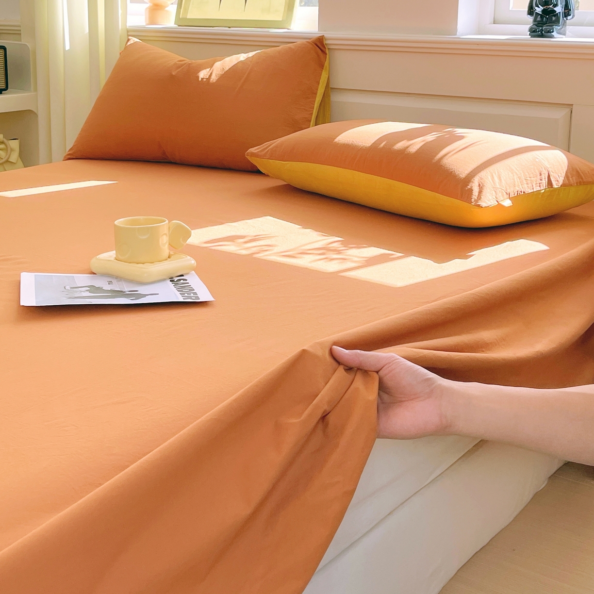 91家纺网 家纺一手货源 找家纺 春皖家纺 2026春夏新款双拼全棉水洗棉单床单床单单件单品床单 素雅焦糖