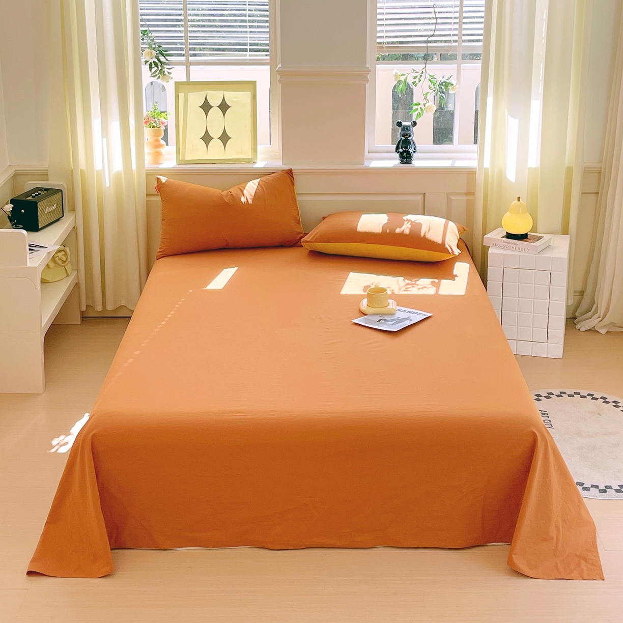 91家纺网 家纺一手货源 找家纺 春皖家纺 2026春夏新款双拼全棉水洗棉单床单床单单件单品床单 素雅焦糖