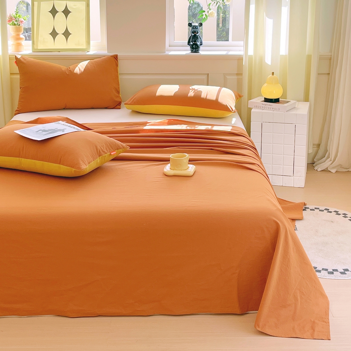 91家纺网 家纺一手货源 找家纺 春皖家纺 2026春夏新款双拼全棉水洗棉单床单床单单件单品床单 素雅焦糖