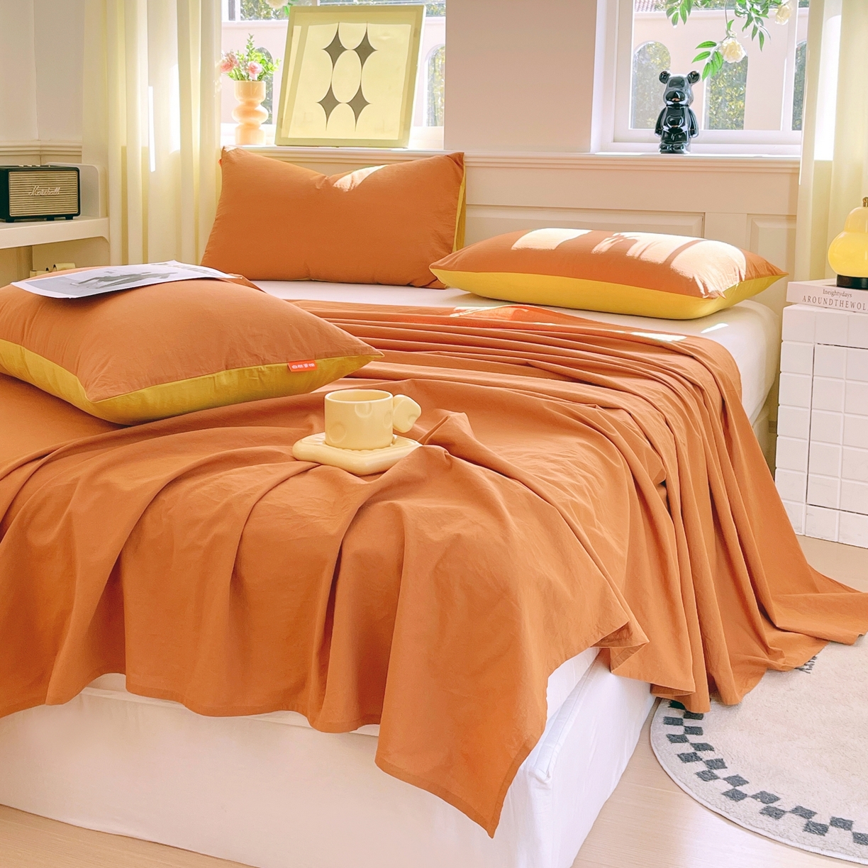 91家纺网 家纺一手货源 找家纺 春皖家纺 2026春夏新款双拼全棉水洗棉单床单床单单件单品床单 素雅焦糖