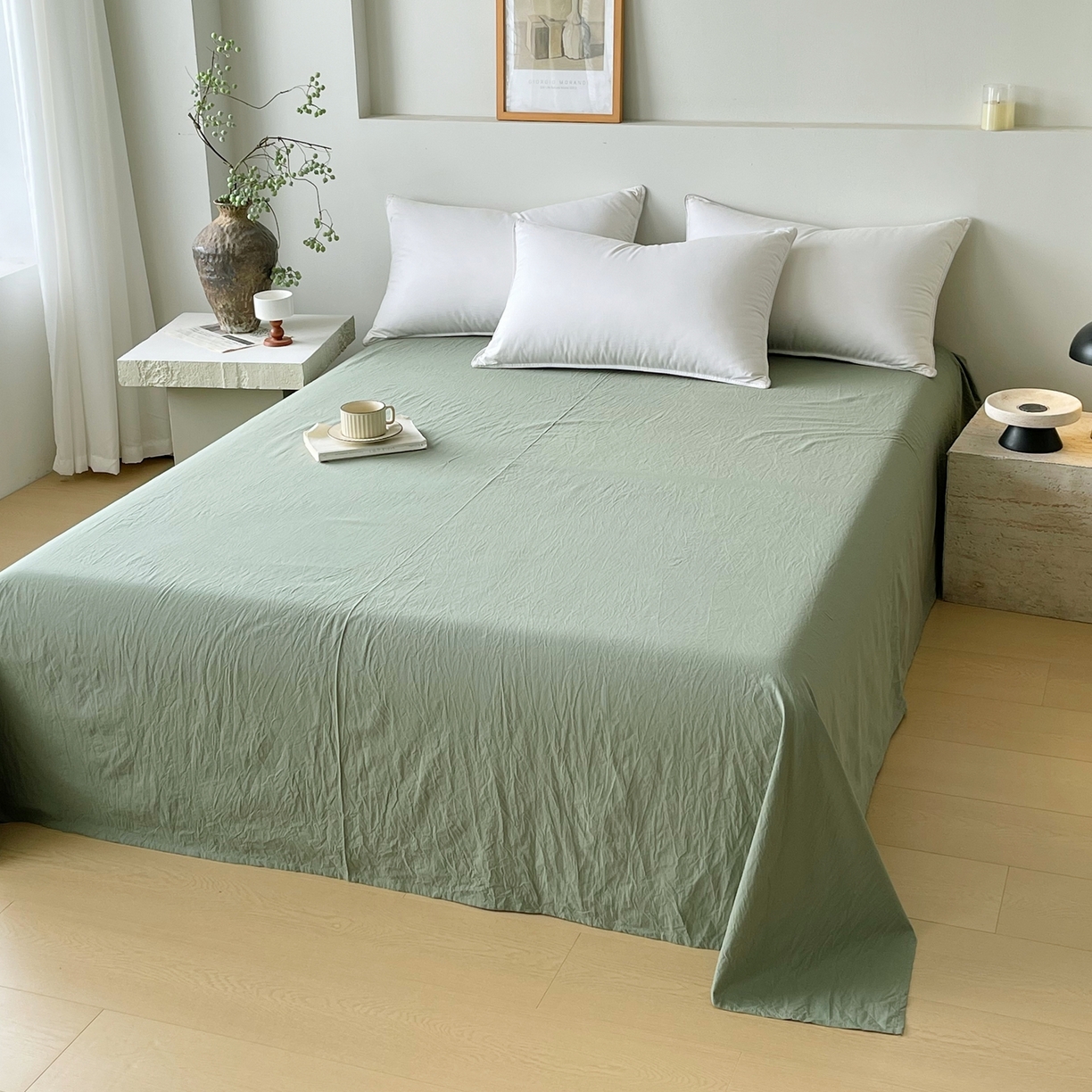 春皖家纺 2026春夏新款双拼全棉水洗棉单床单床单单件单品床单 素雅军绿