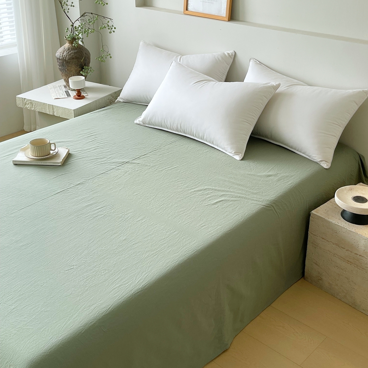 91家纺网 家纺一手货源 找家纺 春皖家纺 2026春夏新款双拼全棉水洗棉单床单床单单件单品床单 素雅军绿